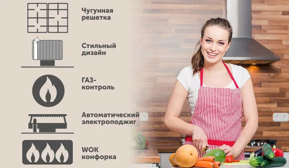 Встраиваемая панель с газконтролем, с чугунными решетками AVEX HM 4534 B, WOK, электро-поджиг, черное закаленное стекло