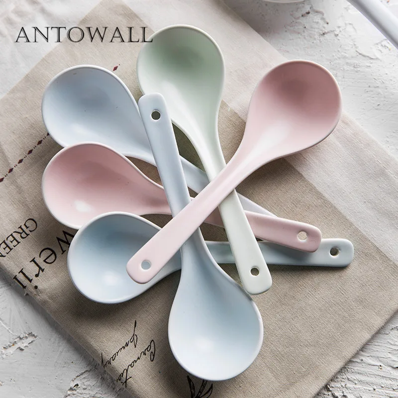

ANTOWALL Simple pure color small fresh ceramic small spoon home rice soup spoon baby porcelain tableware spoon