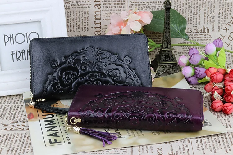 mulheres couro genuíno, padrão carteiras longo bolsa-Designer De marcas de couro real