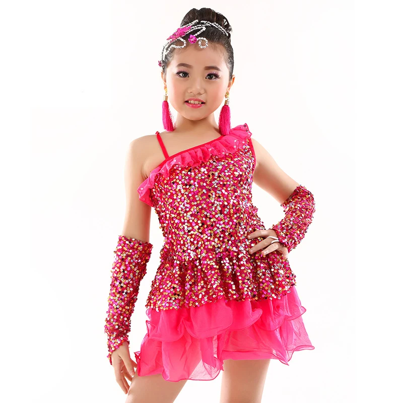 

Children Dance Dress Latin Dresses Girls Sequins Fringe Ballroom Jazz Costume Kids 8-14 Years