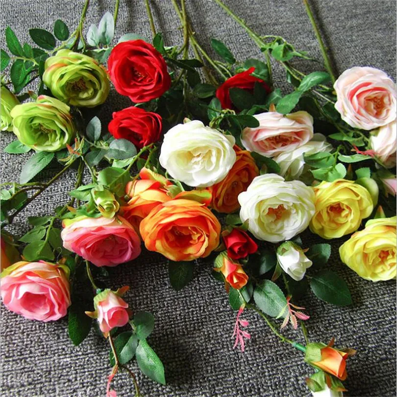 

20pcs Artificial Tea Rose Flower Fake 95cm Stem Rose Artificial Flowers 4 Head/Piece for Event Wedding Home Floral Decoration