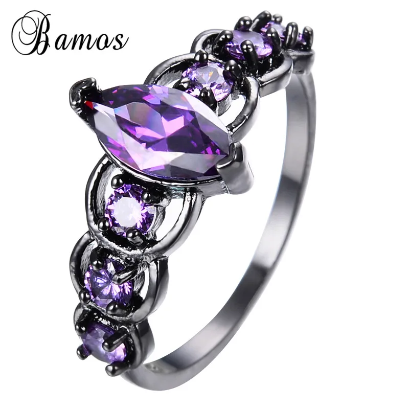 Purple Мистическое фиолетовое/красное/зеленое циркониевое многоцветное кольцо Bamos с камнем по месяцу рождения, кольцо с черным золотом, обручальные кольца радуги для женщин - Цвет основного камня: Purple