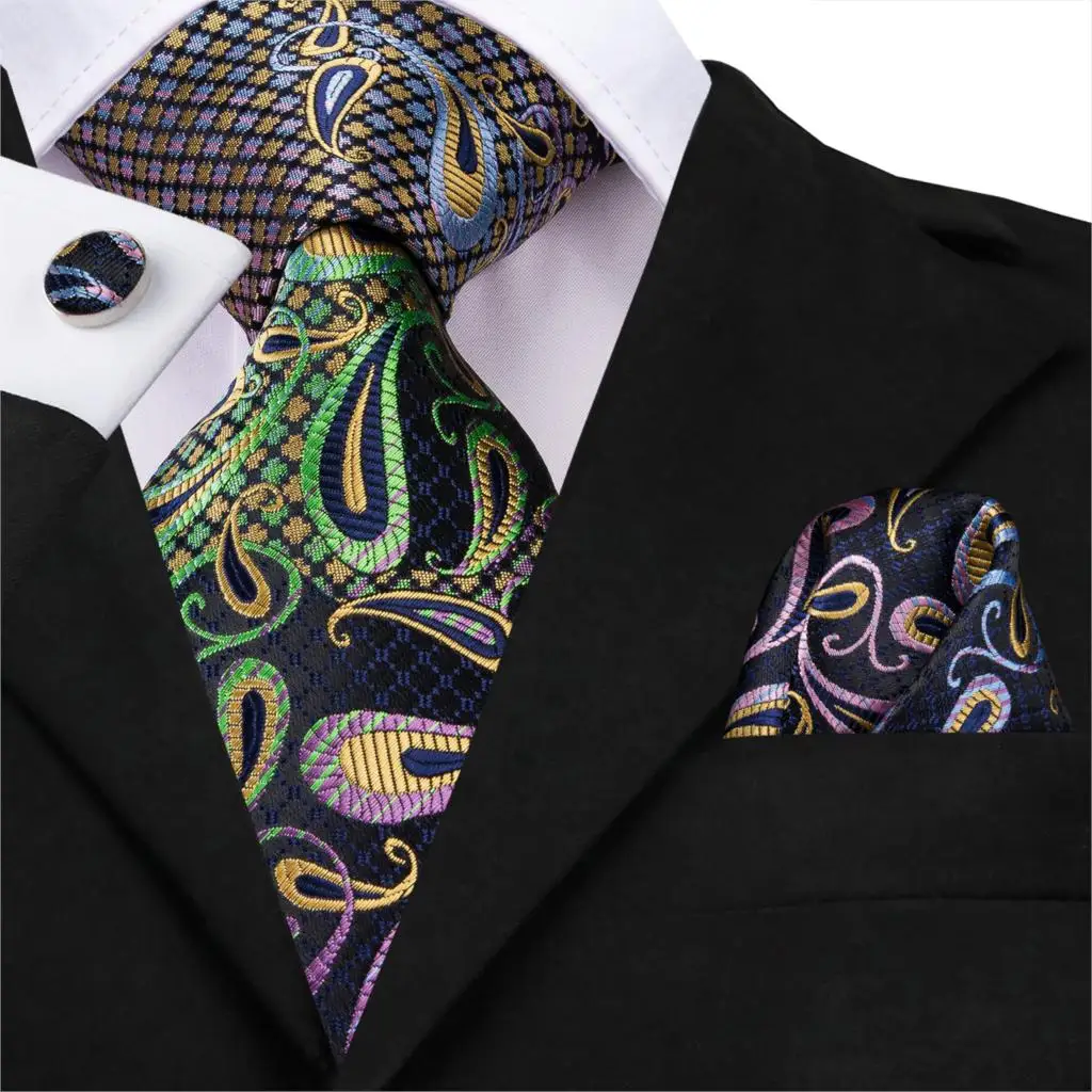 

SN-3191 Men Tie Set Paisley Necktie Blue Purple Yellow Silk Ties for Men Woven Gravata Handkerchief Cufflinks Gift Tie Formal