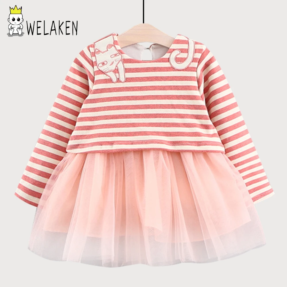 

weLaken 2018 New Arrival Girls Dress Cute Cartoon Cat Pattern Kid's Outwear Autumn Winter Warm Stripes Long Sleeve Mesh Dress