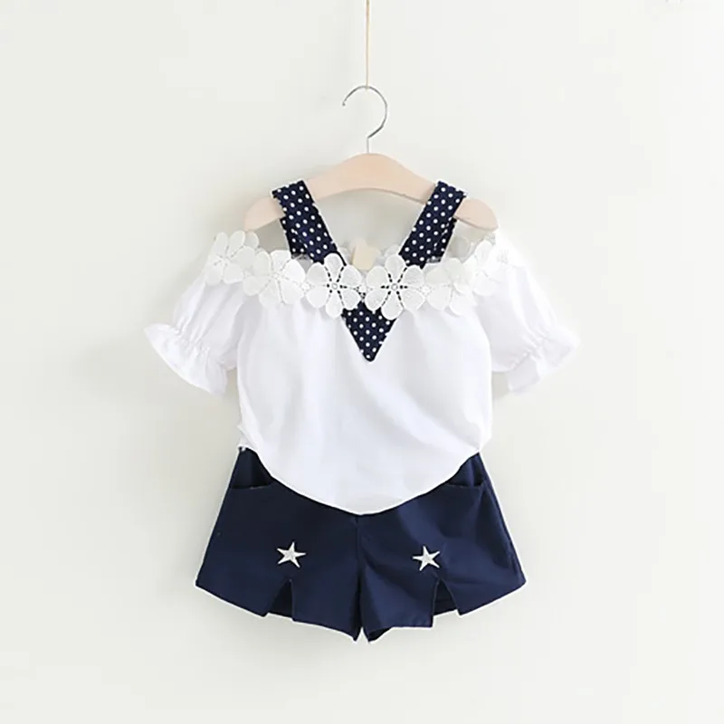 

Summer Autumn Children Girls Clothing Sets Sweet Flower Cotton T-Shirts + Star Print Shorts Sets Kids Clothes For Girls