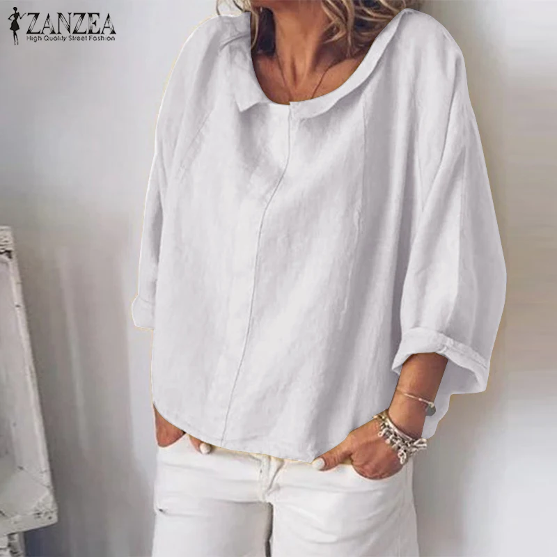  2019 ZANZEA Casual Tops Women's Summer Tunic Vintage Linen Blouse Female Lapel Work Blusas Elegant 