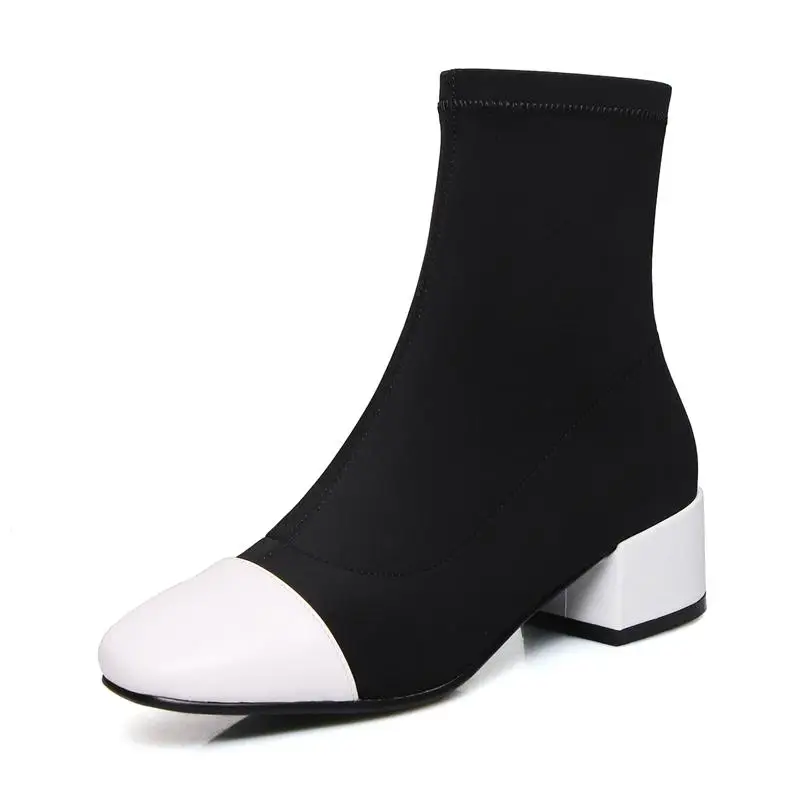 MNIXUAN/ г.; модные тонкие сапоги в Корейском стиле; сезон осень-зима; новые эластичные сапоги выше колена из кожи с квадратным носком - Цвет: White booties