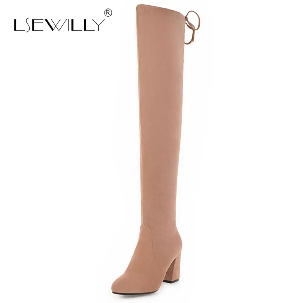 

Lsewilly thigh high boots pointed toe flock autumn winter boots women lace up solid color high heels over the knee boots S701