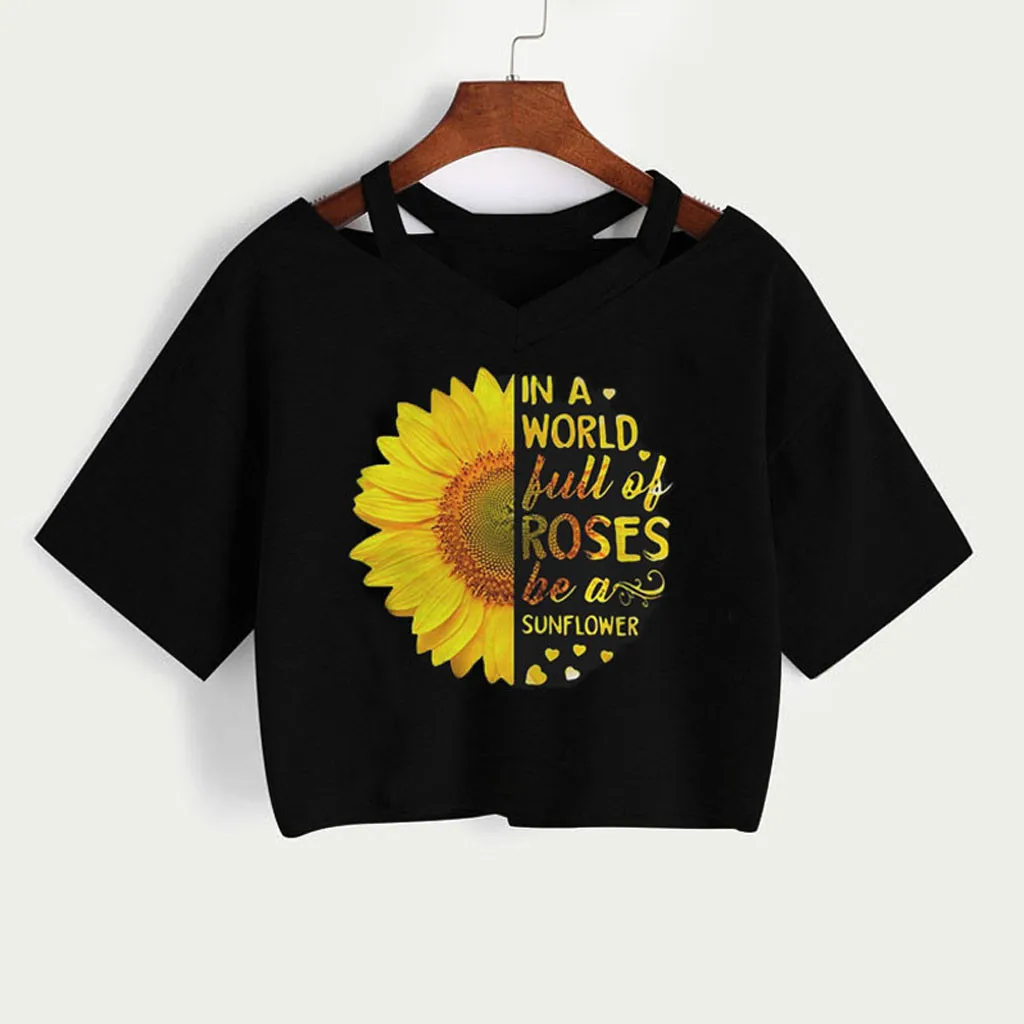 

Zerotime #401 2019 NEW FASHION Bluse Women Sunflower Short Sleeve Casual T Shirt V Neck Vest Tops simple unique Free Shipping