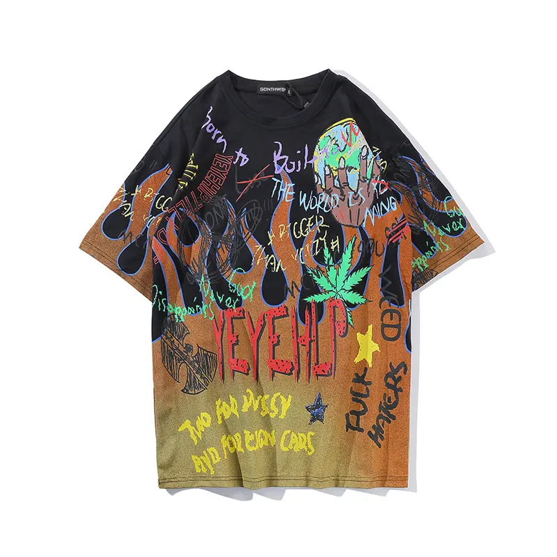 Граффити пламя огня уличная футболки 2019 для мужчин хип хоп повседневное короткий