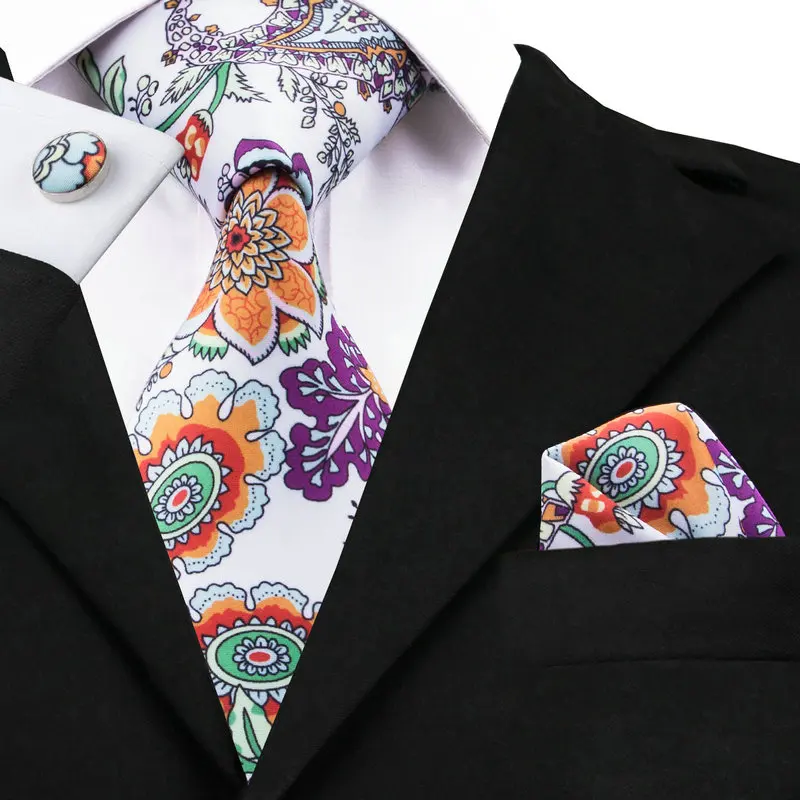 

C-1216 White Orange Print Mens Ties Neck Ties Handkerchief Cufflinks Novelty Floral Ties For Men Shirt Silk Corbatas