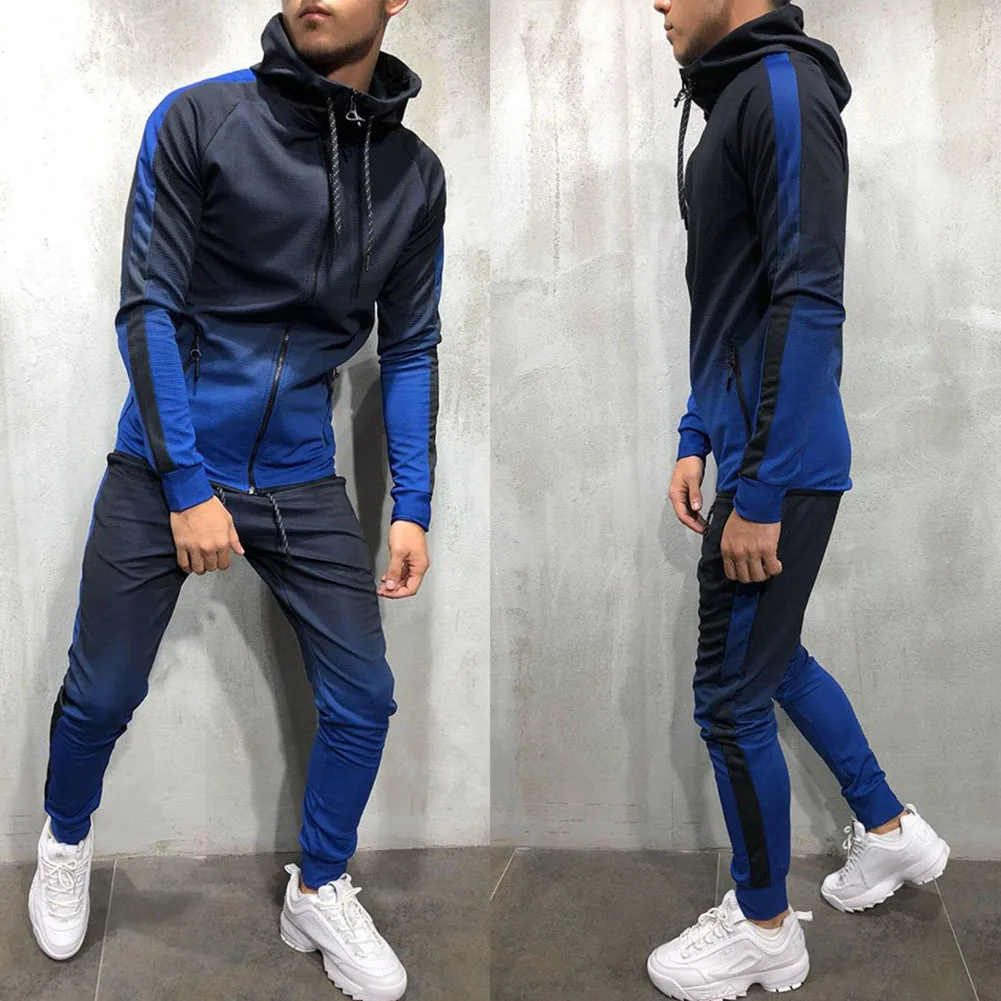 Hirigin 2 шт мужской спортивный костюм комплект на молнии с капюшоном Топ Толстовка Градиент упражнения толстовка с капюшоном узкая брюки набор Размер M-3XL