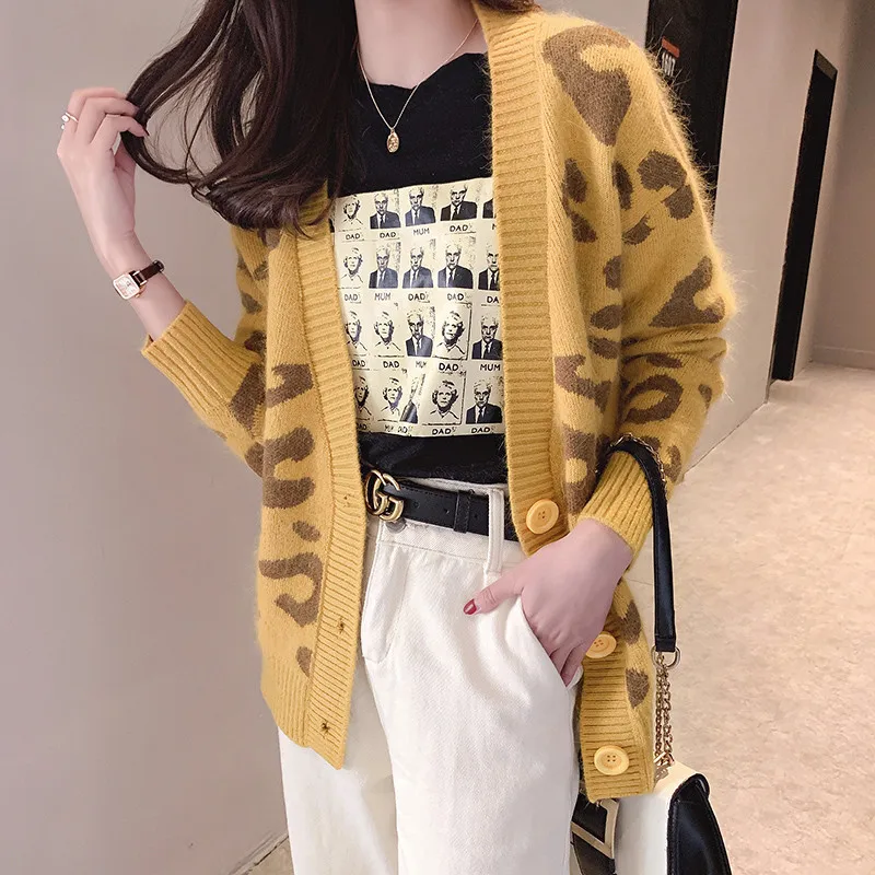 Весна осень свитер женский кардиган пальто корейский Свободный длинный рукав вязаный свитер Леопардовый принт Куртка Верхняя одежда R202