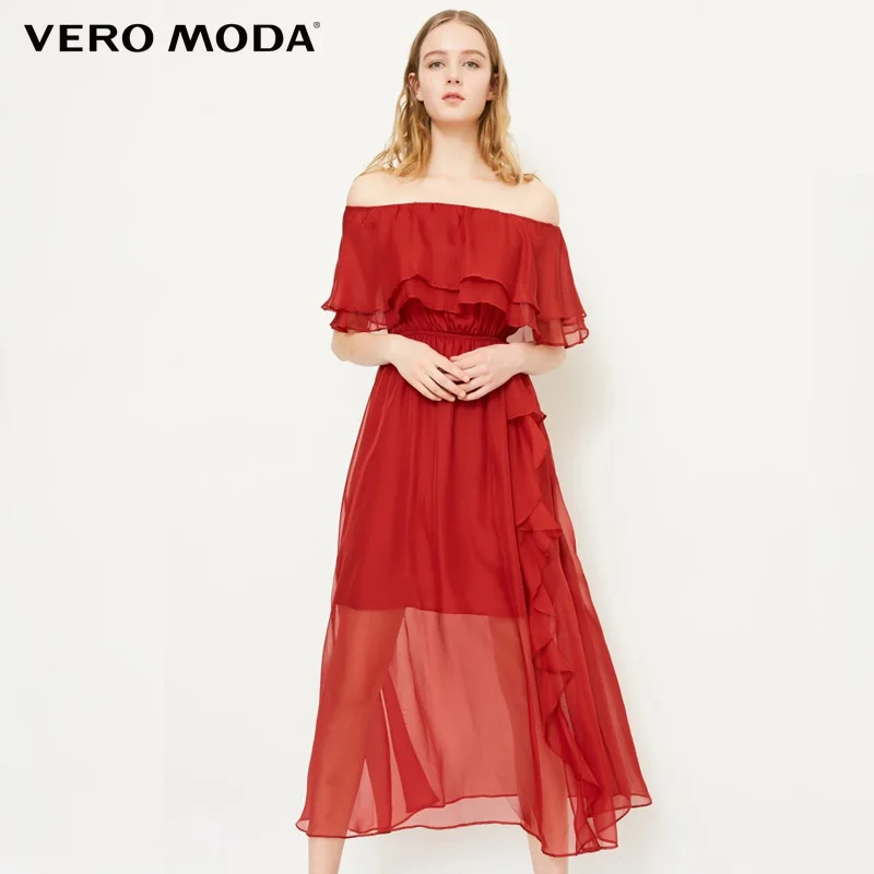 Vero Moda 2019 летнее платье пляжное шифоновое с вырезом лодочкой и оборками |