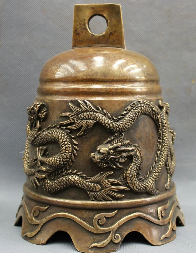 

song voge gem S2537 8" Chinese Bronze Copper Buddhism Temple FengShui Myth Fly Dragon Statue Bell