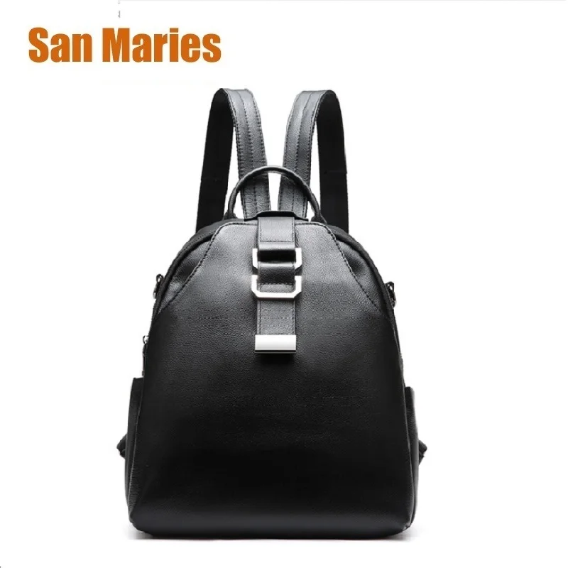 

San Maries Brand 100% Genuine Leather Women's Backpack First Layer Cow Leather Backpacks Shopping Bag Black Bags 2ways Backpacps