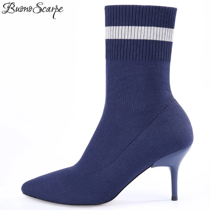 

BuonoScarpe Boots Women High Heels Knitting Elastic Ankle Boots Pointed Toe Stretch Sock Boots Blue Shoes Fashion Striped Shoes