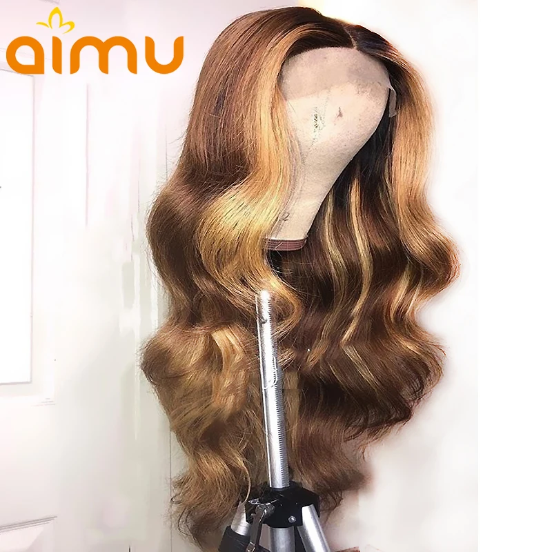 Светло-коричневый и медовый блонд Омбре Цвет волнистые 360 синтетический фронтальный настоящие человеческие волосы парик Remy бразильские невидимые предварительно сорванные