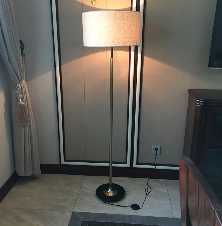 Dimmable Floor Lamp / 150cm Height / Fabric Shade / Golden Color / Bronzing Metal Stem / Iron Base in Black Lacquer