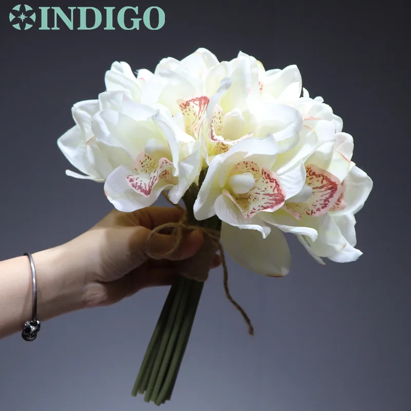Индиго-5 шт Мини Белый орхидеи Цимбидиум букет Настоящее касание Свадебные цветы искусственные цветы события партии