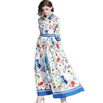 

Runway Design Floral Print Maxi Dress Summer Shirt Long Sleeve Casual Shift Chiffon Dress Women Vintage Dames Jurken Boho Beach