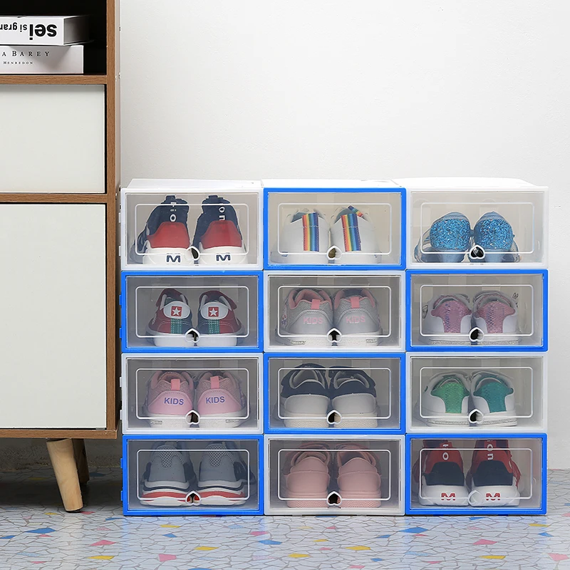 Продажа 6 шт. компл. утолщенной и черного цветов; обувь прозрачный ящик чехол Пластиковые обувные коробки стекируемые складная коробка для хранения ...