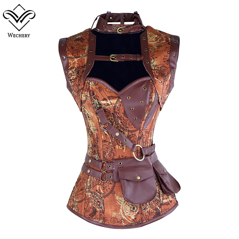 

Wechery Steampunk Corset Sexy Rivet Retro Punk Brown Women Corsets Leather Vintage Posture Party Cosplay Show Gorset Sets Tops