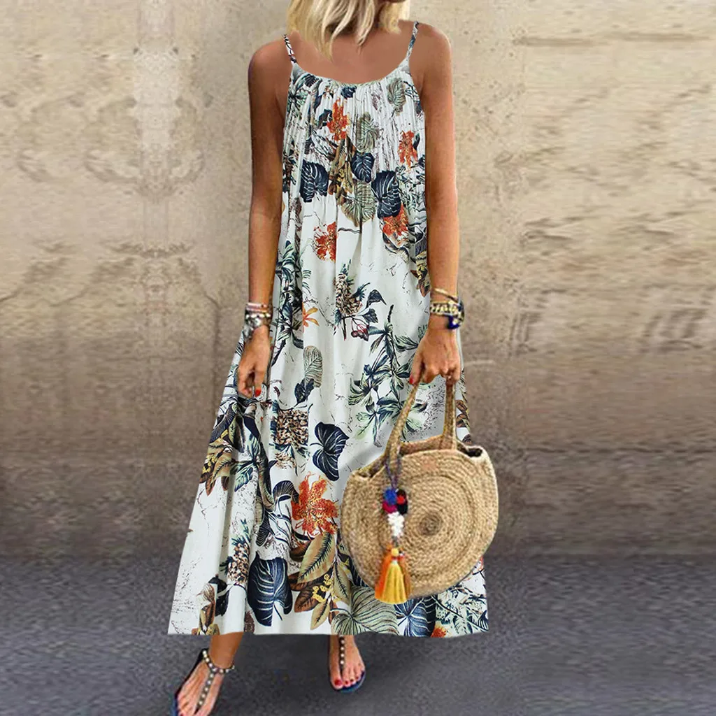 

Women Vintage Bohemian Print Floral dress Women Spaghetti Straps Long Dress Sleeveless O-Neck Straps Maxi Dress Sundress #G35