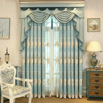 

European and American style luxury Blue embroidery Blackout Living Room French Window Curtain Upscale Bedroom flat Curtains
