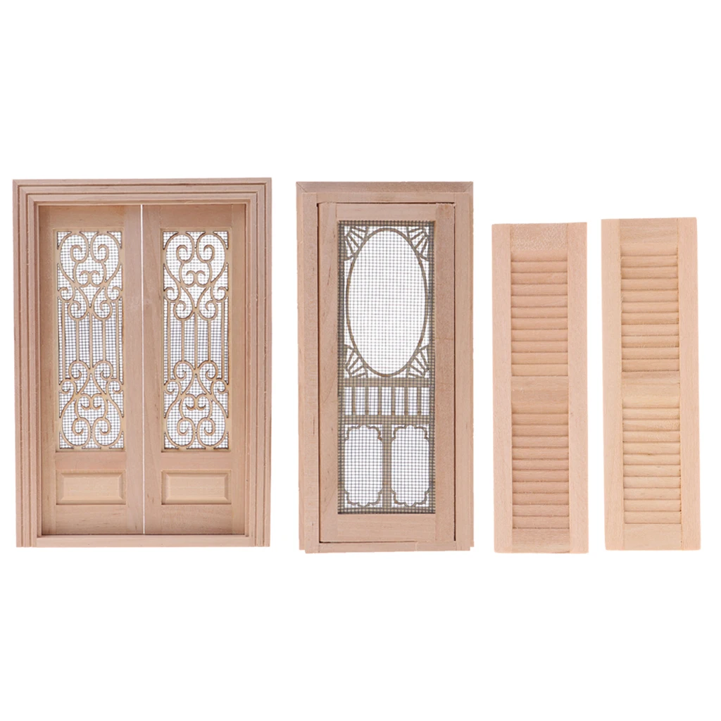 Wood Miniature External Hollow Screen Double Door + Single Door + Shutters 1/12 Dollhouse DIY Decoration Accessories