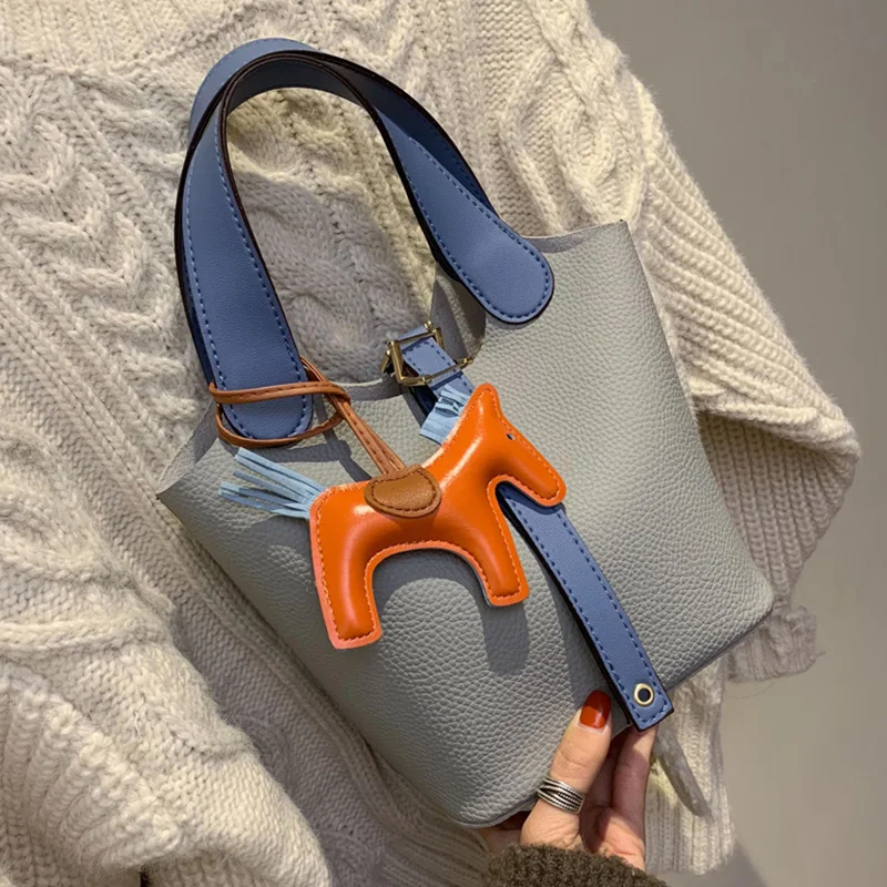 

Fashion Contrast Color Women Bucket Bag Vintage Top Handle Messenger Bag High Quality Retro Shoulder Bag Simple Crossbody Bag