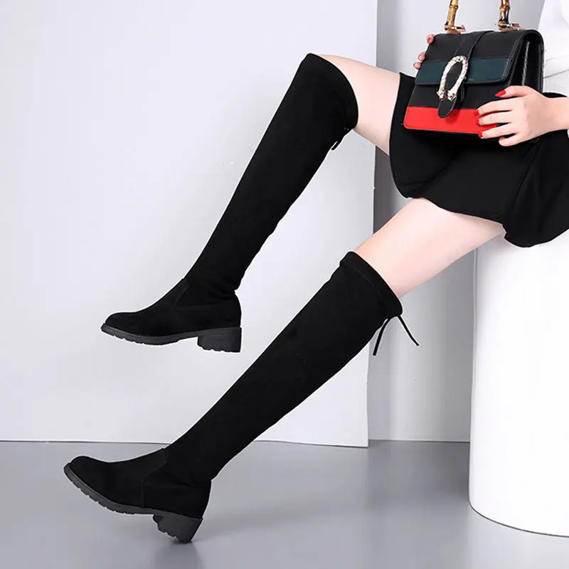 Vente BORRUICE 2018 Sur Le Genou Bottes Hiver Chaud Nouveau Style Stretch Longues Chaussures Femme Élastique Bottes Plate Forme Chaussures Femme Carré talon
