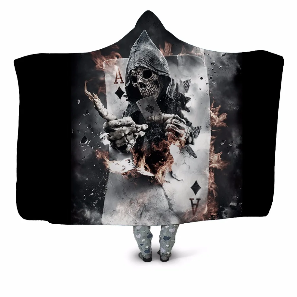 

Death Poker 3D Printed Plush Hooded Blanket for Adults Children Warm Wearable Fleece Throw Blanket Home Office Washable Cloak