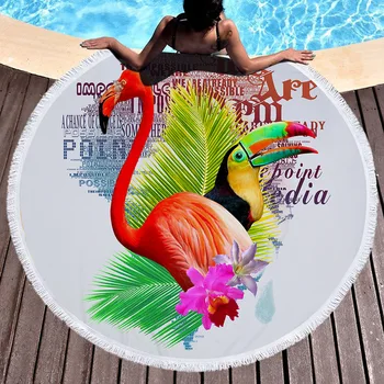 

New 3D Parrot and Toucan round beach towel yoga pad tassel 1.5m printing tropical plants plush blanket fairy tale anime Flamingo