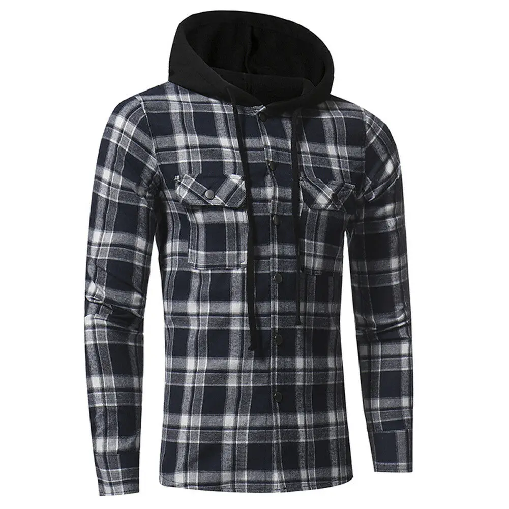 Brand New Style Plus Size Men Casual Long Sleeve Plaid Hooded Checked Pullover Shirt Tops Blouse