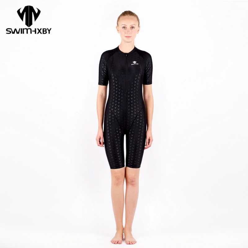 

HXBY Swimwear Professional Women Swimsuits Race Competition Swimwear With Sleeve Front Zipper One Piece Bathing Suits Plus Size