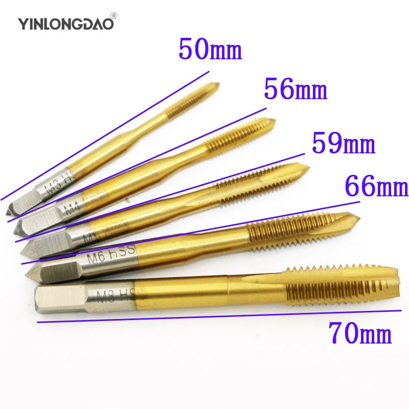 

YINLONGDAO HOT ! HSS Titanium Machine Right Hand Tap Drill 3 Flute M3 M4 M5 M6 M8 Spiral Point Thread Plug Handle Taps Die Set