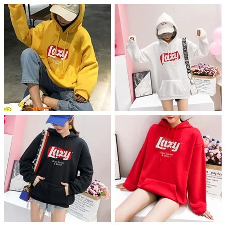 New Women Lazy Print Hooded Sweatshirt Fashion Style Warm Pullover Cool Hoodies Sweatshirt Yellow White Red Black Color
