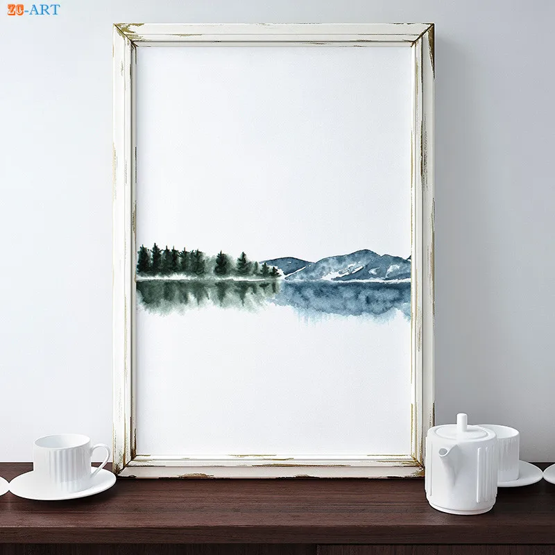 Watercolor Abstract Landscape Canvas Painting Posters and Prints Navy Blue Wall Art Wall Pictures for Living Room Decorative