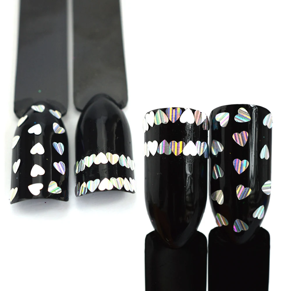 

1Box 3D Tips Silver Laser Holographic Heart Stripe Nail Art Glitter Sequins Paillette Flakes Decoration DIY Tool Manicure JI345