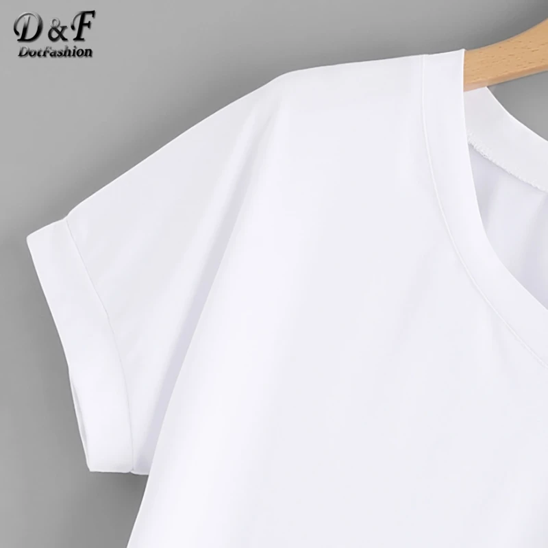 Dotfashion زائد حجم الأبيض تراجع تنحنح الجيب المحملة النساء 2019 الصيف V الرقبة قصيرة الأكمام عارضة قمم الربيع الأزياء الصلبة تي شيرت