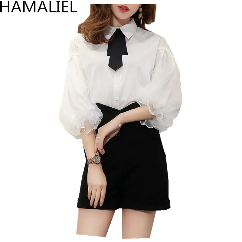 Tanie HAMALIEL Koreański Styl Blusas 2018 Lato Kobiet Biały Połowa Lantern Rękawem Łuk Koszula Casual Lapel Kołnierz Femme Bluzka Top