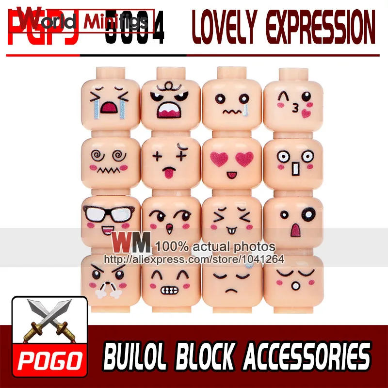 

PGPJ5004 16Pcs/set Building Blocks Skin Color Cute Face Emoji Expression Cartoon Bricks Learning Doll Action Children Toys Gift