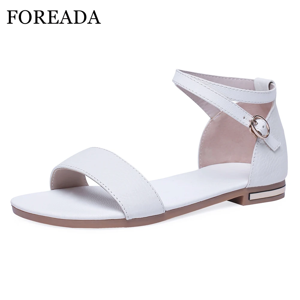 

FOREADA Summer Shoes Women Sandals Natural Genuine Leather Flat Shoes Buckle Cow Leather Cross Strap Sandals Lady Plus Size 3-12