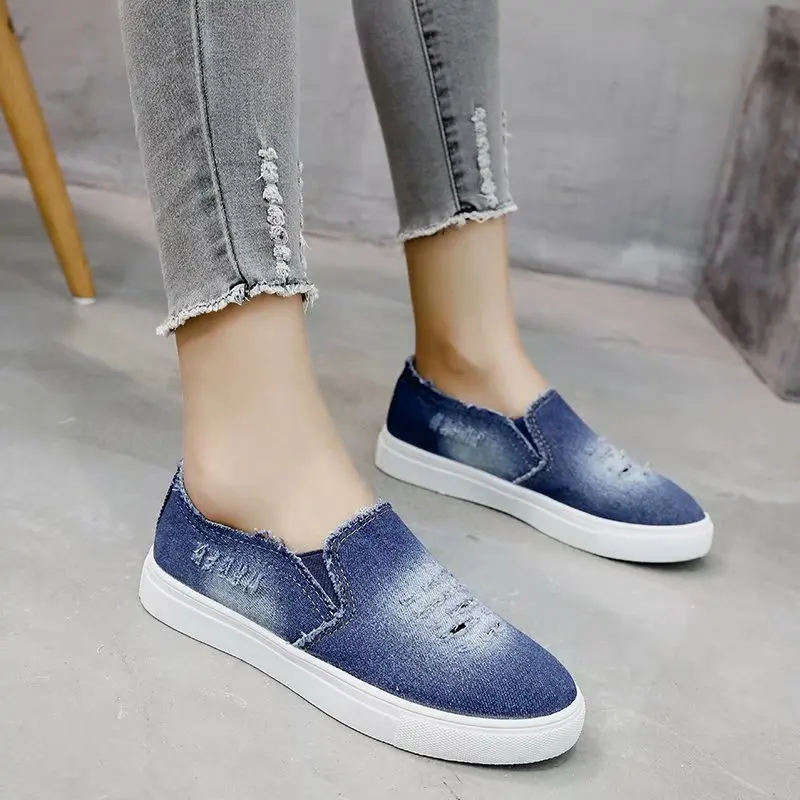 

Canvas Shoes Women Washed Denim Students Pedal Lazy Jeans Shoes Casual Women's Vulcanize Shoes Large Size Chunky Sneakers