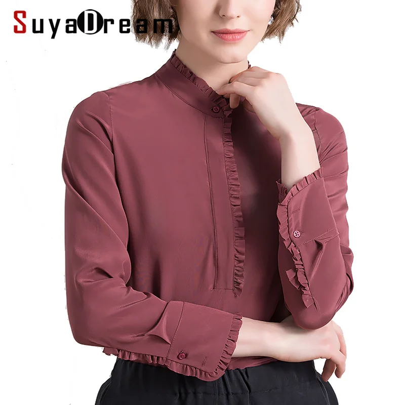 Vente Femmes Chemisier DE SOIE 23mm 100% Réel soie Stand col à manches Longues casual Blouse Chemise Blusas femininas 2018 Nouvelle Chute