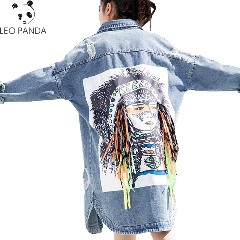 

Spring Autumn Women Lace Up Cartoon Prints Turn Down Collar Single Breasted Coats Female Loose Comfortable Denim Coats ZX1010