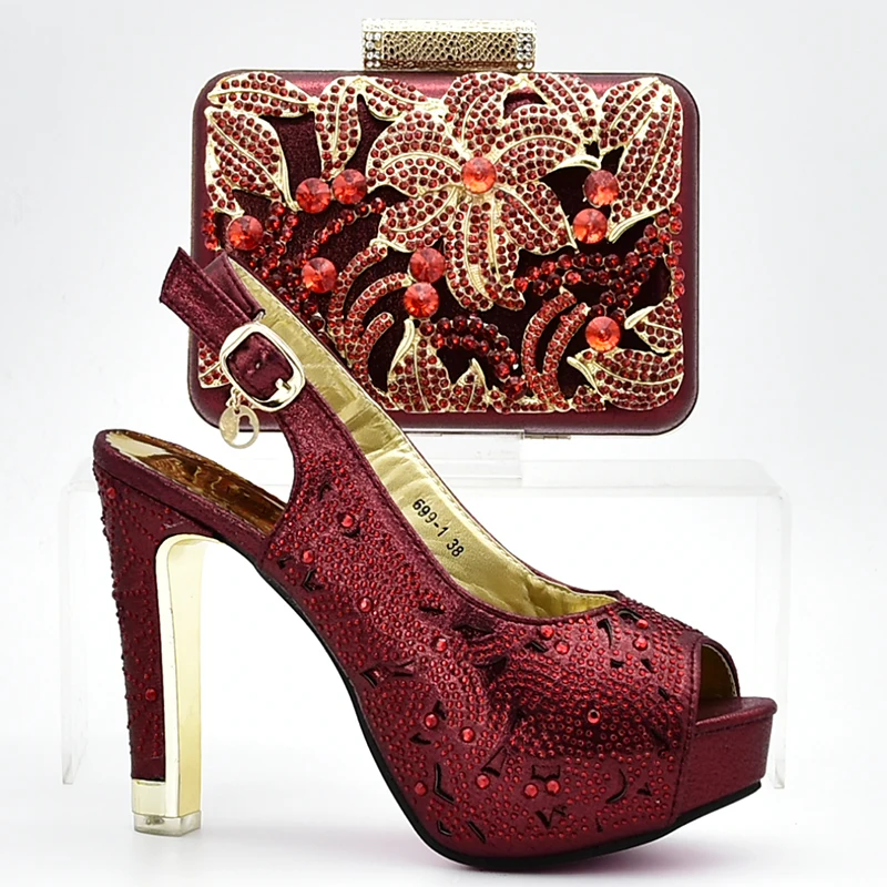 

Wine Color Italian Shoe with Matching Bag Set Decorated with Rhinestone African Shoes and Bag Set for Party In Women Italy Shoes