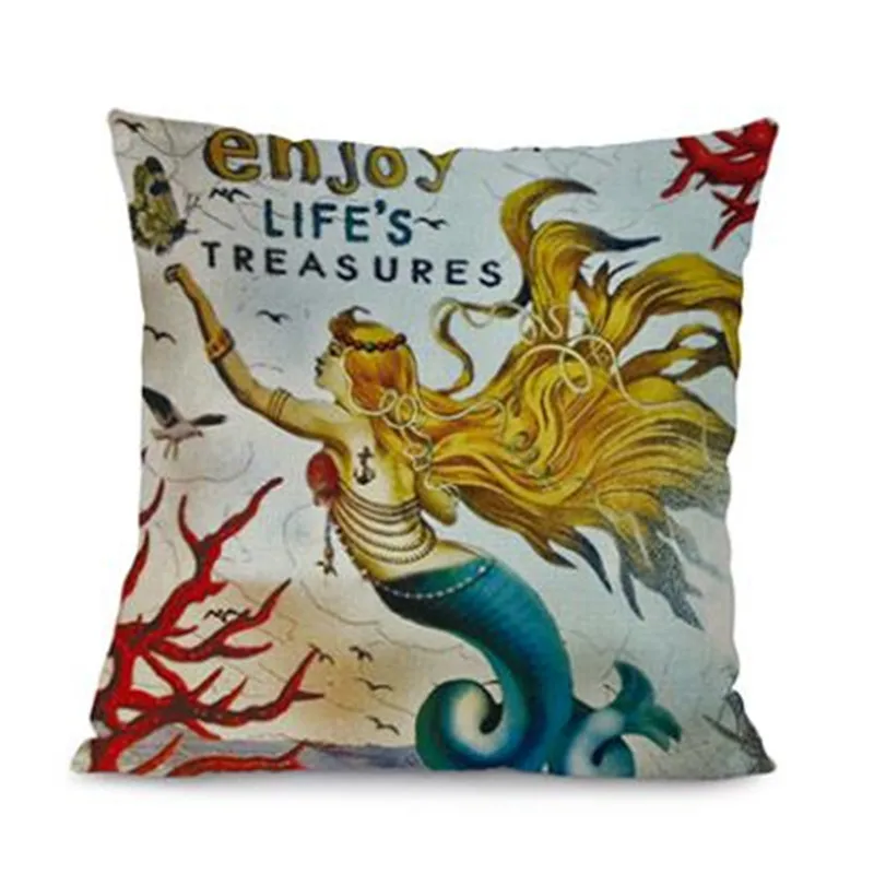 Marine Style Mermaid Painting Pattern Coffee House Chair Waist Decorative Cushion Cover Bedroom Throw Pillowcase 18"