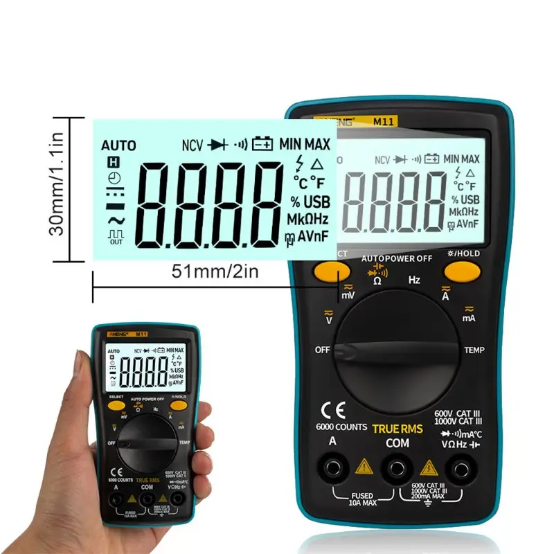 

6000 Counts M11 Portable Automatic Range Multi-Meter Battery-Operated Capacitor True-Ams Digital Voltmeter With Auto-Ranging LCD